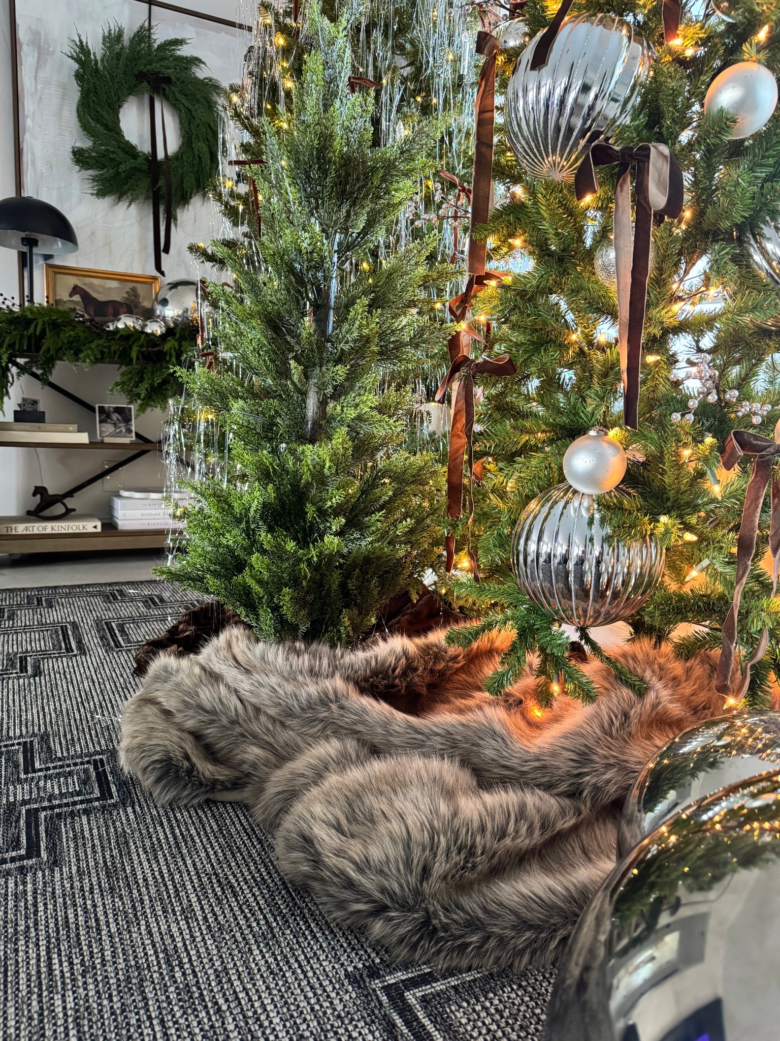  Christmas decor details / silver ornaments, cozy tree skirt / Ralph Lauren inspired Christmas decor / I bought a cozy blanket to use as my tree skirt and in loving how it looks 🤎🧸

#LTKHoliday #LTKSeasonal #LTKHome