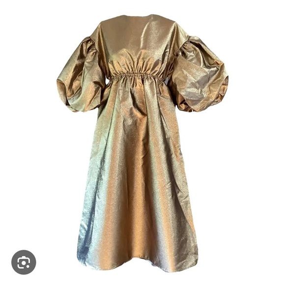 Kika Vargas x Target | Gold Puff Sleeve Scallop Back Midi Dress Pockets NWOT/ XS | Poshmark