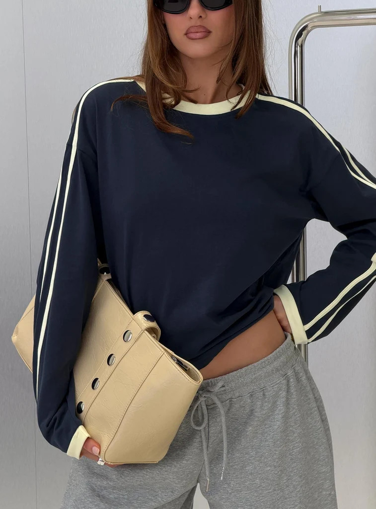 Settle Down Long Sleeve Contrast Top Navy / Yellow Stripe | Princess Polly US