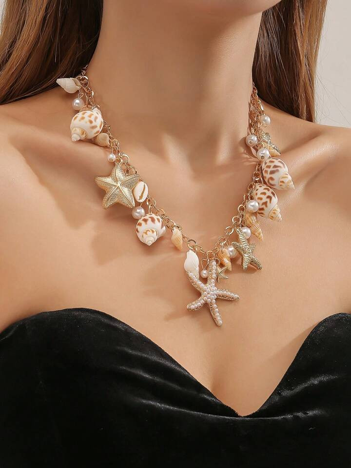 1pc Ocean Beach Shell Beaded Necklace, Bohemian Seaside Necklace For Women/Girls, Beach Party, Vacation, Casual, Versatile, Sexy Pearl Sea Shell Necklace, Women Jewelry | SHEIN