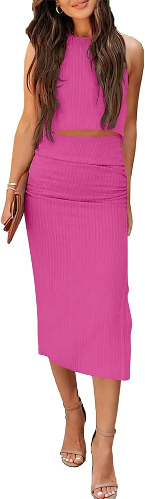 PRETTYGARDEN Women's 2 Piece Summer Outfits Crewneck Tank Tops Split Bodycon Midi Skirt Dress Set | Amazon (US)