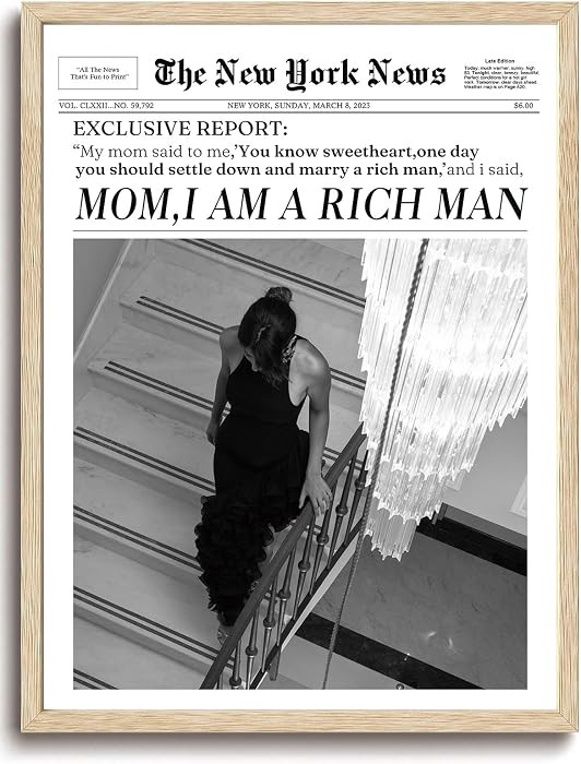 Bwodke OAK Wood Framed Wall Art Mom I Am a Rich Man Canvas Art Trendy Newspaper Pictures Independ... | Amazon (US)