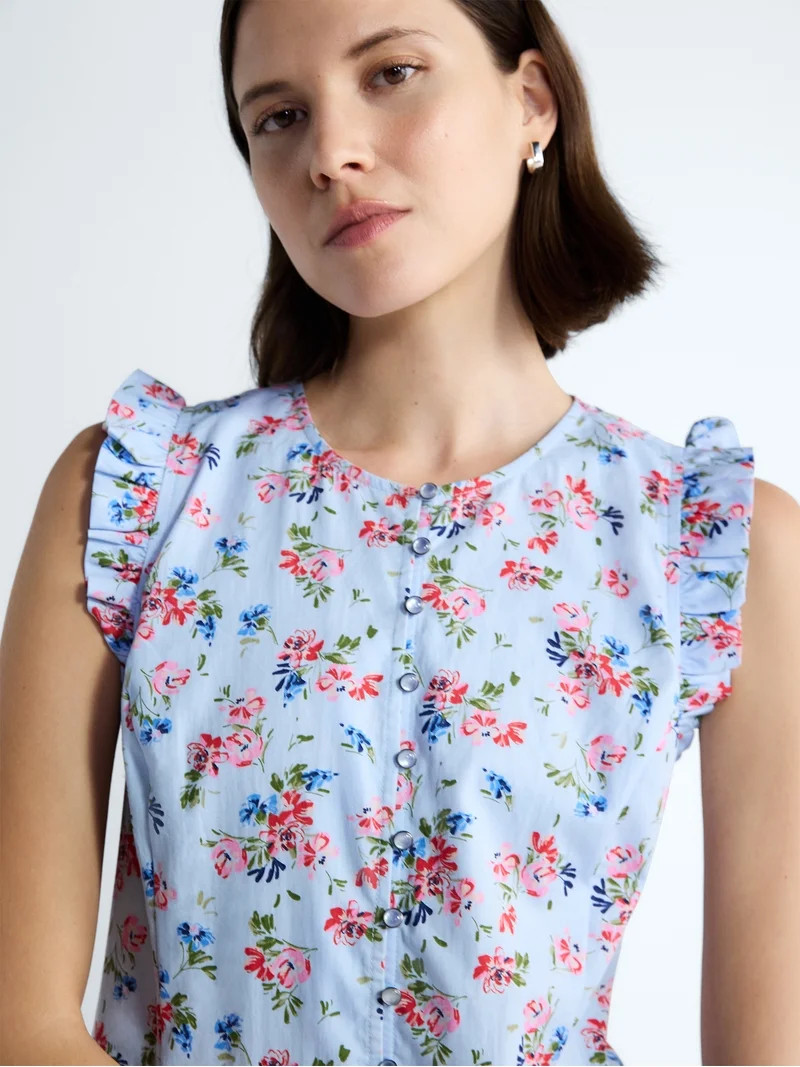 Free Assembly Women's Button Front Cotton Mini Dress with Flutter Sleeves, Sizes XS-XXL | Walmart (US)