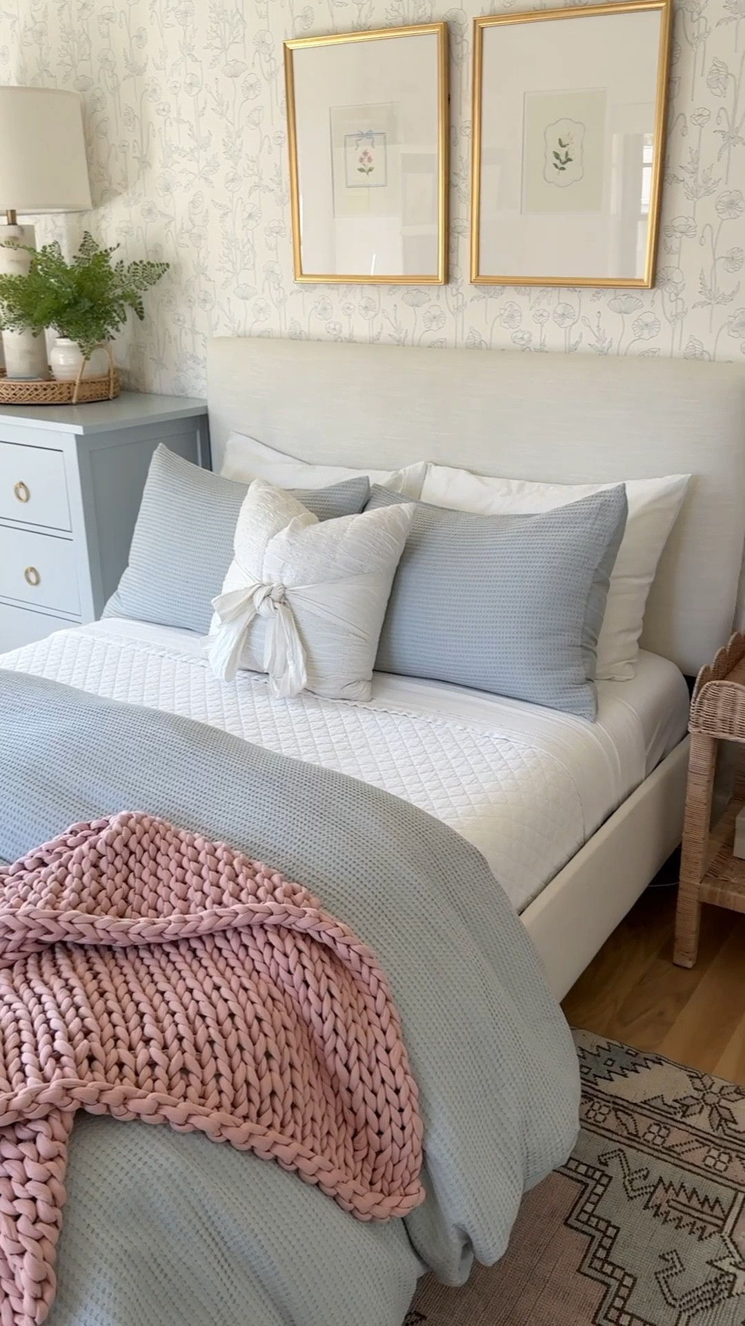 Shop my daughters, soft blue, white and blush pink bedroom! I love her blue and white floral wallpaper from Serena and Lily and her layered bedding with blue waffle duvet cover. Her throw blanket is a chunky weighted blanket for kids from Bearaby and it helps her calm down and fight nighttime worries. I warmed up the space with this scalloped woven nightstand from Serena and Lily and was worth the splurge!

#LTKHome #LTKStyleTip #LTKKids