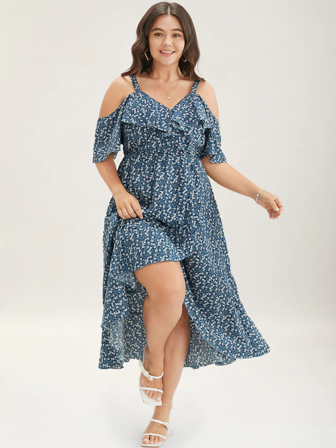 Ditsy Floral Pocket Wrap Cold Shoulder Ruffle Dress | Bloomchic