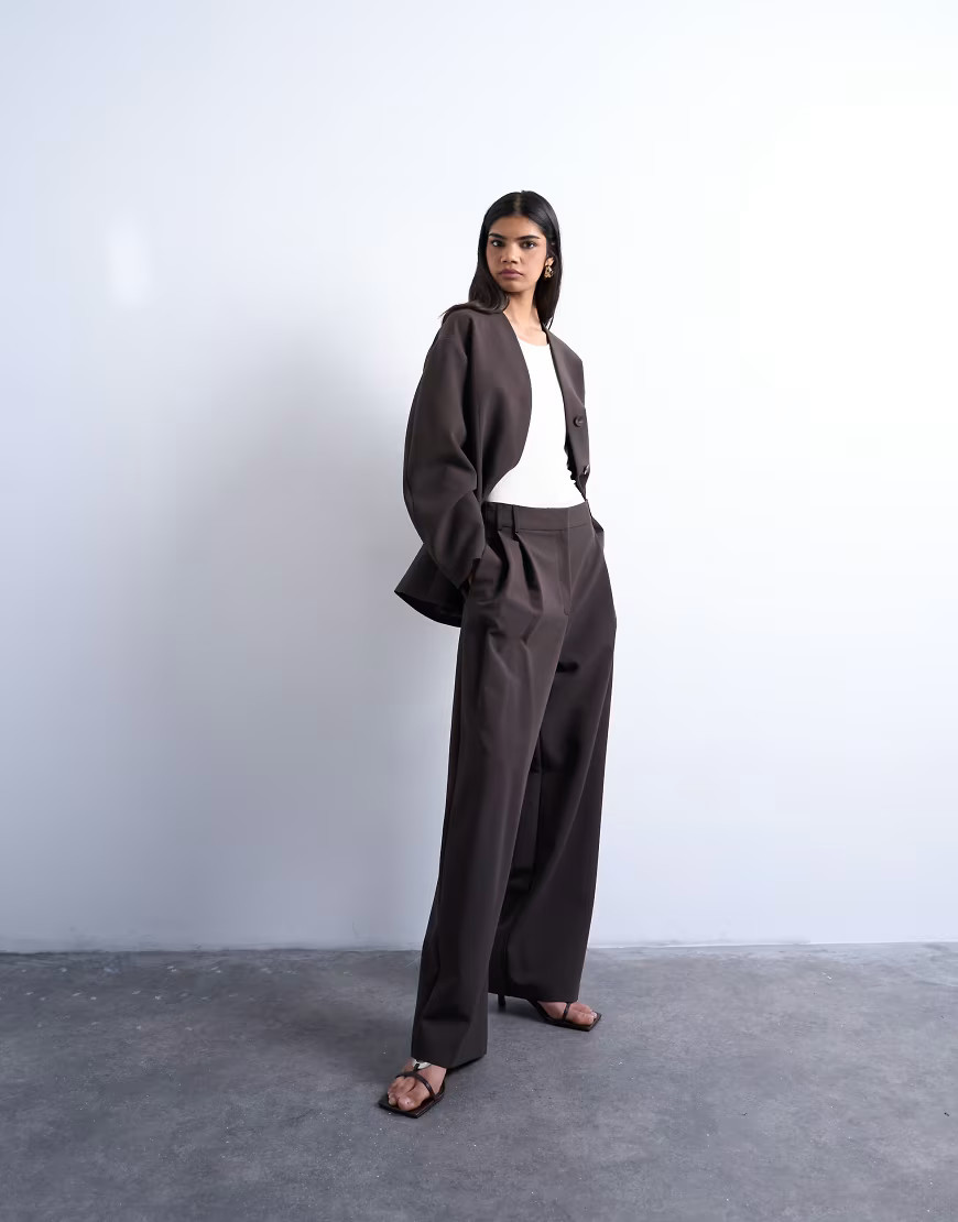 Topshop double pleat suit trouser in brown | ASOS (Global)