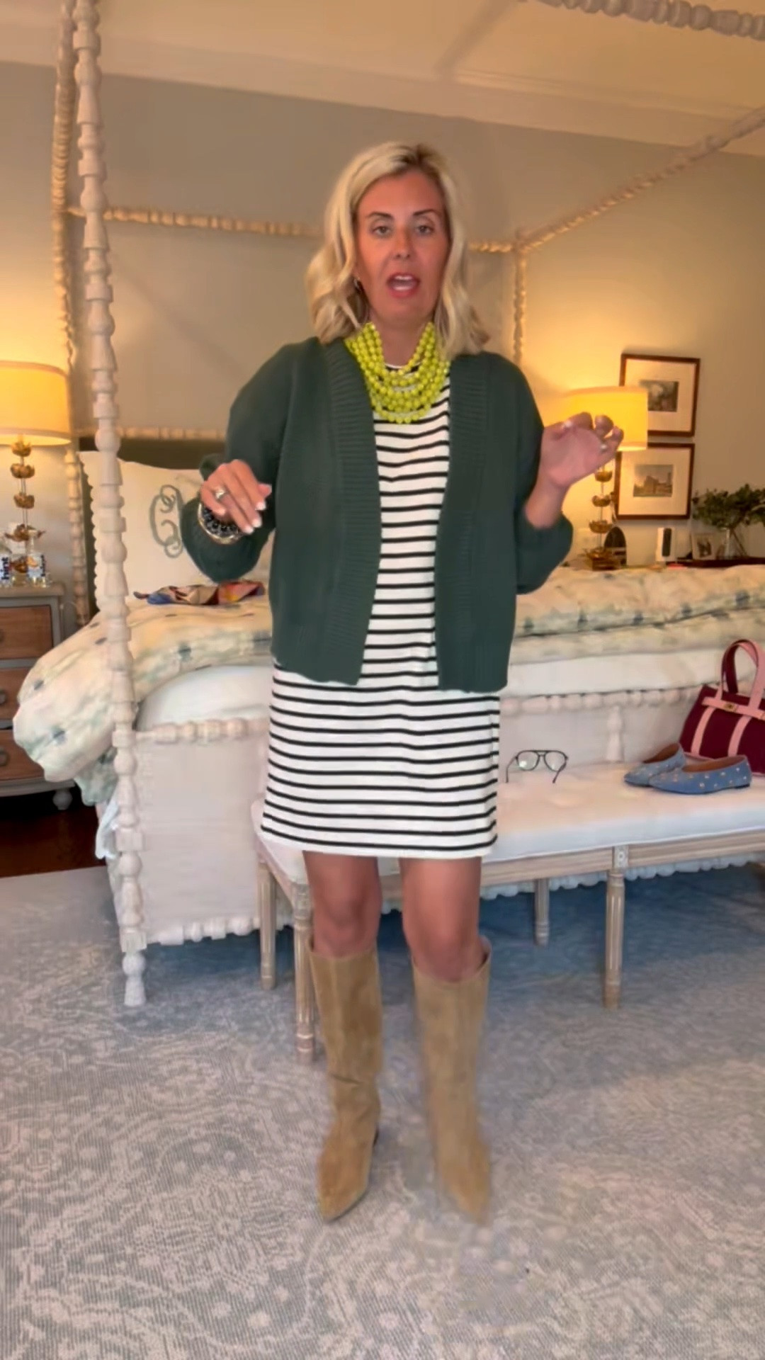 New color in the Parker dress!! Dressing this up with pops of color. 
Dress - small 
Cardigan - xs 
Boots - 8 tts