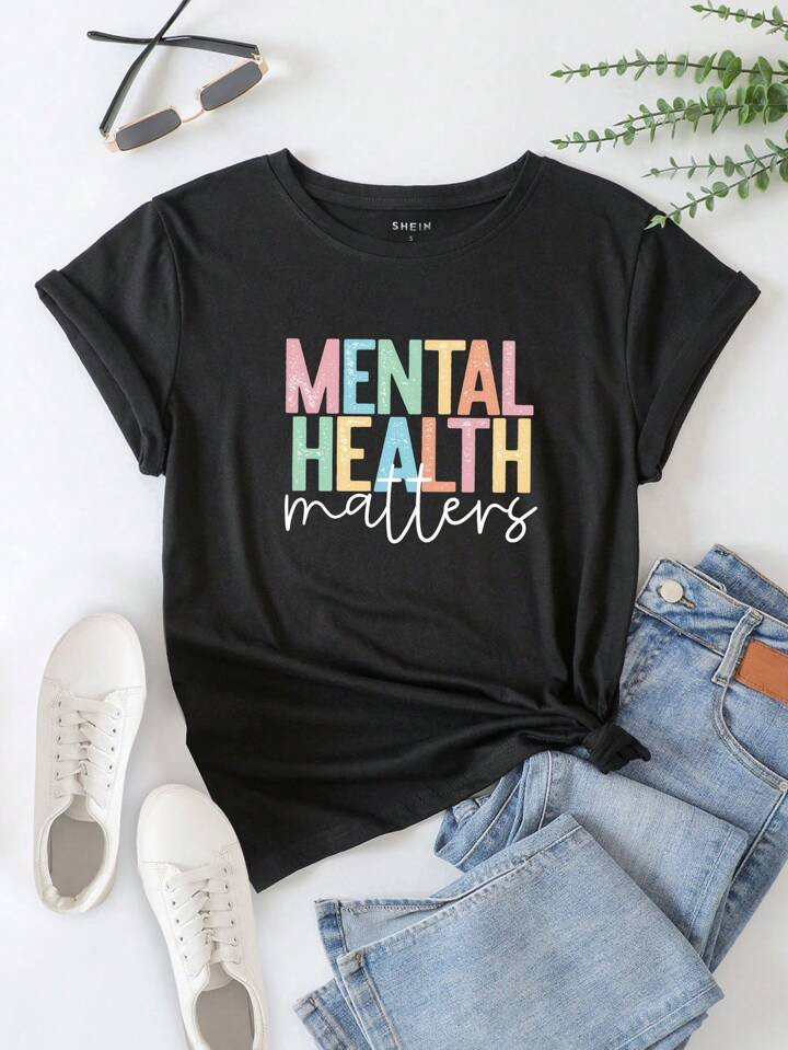 SHEIN Essnce Slogan Graphic Tee MENTAL HEALTH Matters | SHEIN
