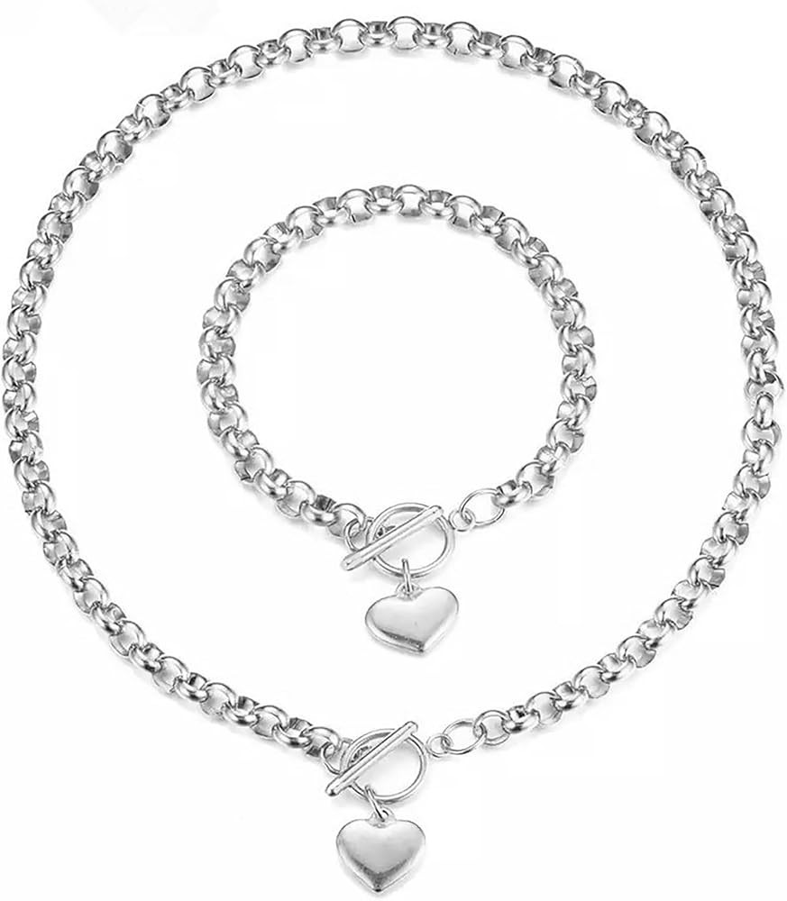Puffs Heart Choker Necklace Bracelet Set for Women Gold/Silver Heart Pendant Necklace Bracelet Pu... | Amazon (US)