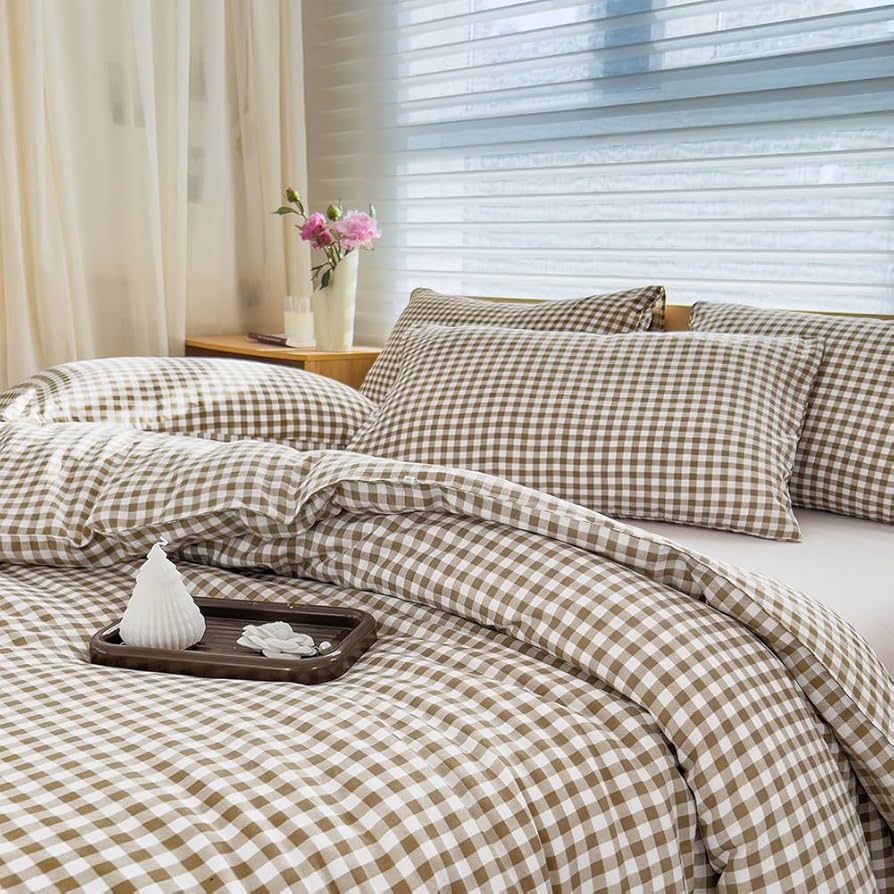 NSNLGSGC Queen Comforter Set, Tan Gingham Bedding Comforter Sets, Brown Grid Bed Comforter 3 Piec... | Amazon (US)