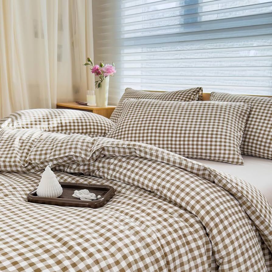 Queen Comforter Set, Tan Gingham Bedding Comforter Sets, Brown Grid Bed Comforter 3 Pieces (1 Com... | Amazon (US)