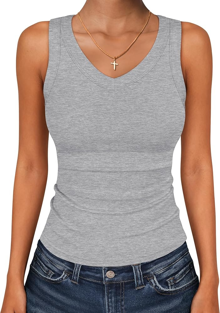 ANRABESS Tank Tops for Women V Neck Ribbed Knit Slim Fitted Sleeveless Basic Tee Tanks Casual Sum... | Amazon (US)