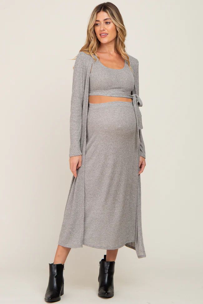Olive Heather 3-Piece Skirt and Cardigan Maternity Set | PinkBlush Maternity