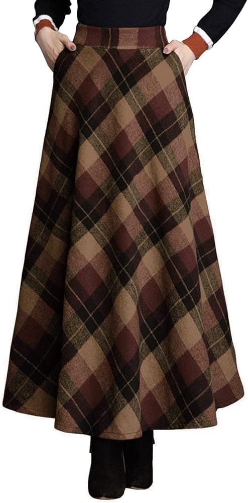 ebossy Women's Vintage High Waist Wool Blend Plaid A-Line Long Maxi Skirt with Pocket | Amazon (US)