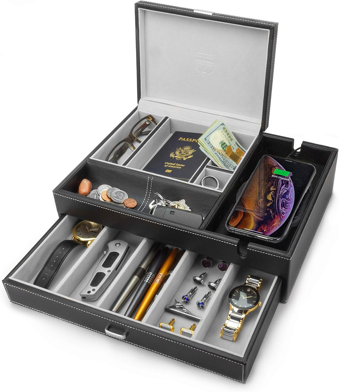 HOUNDSBAY Admiral Dresser Valet Box & Mens Jewelry Box Organizer - Watch Box Organizer for Men wi... | Amazon (US)