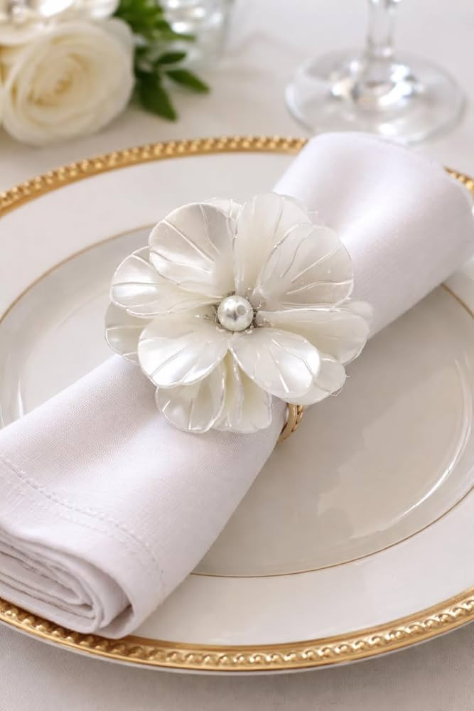 Fennco Styles Handmade Pearl Flower Design Decorative Napkin Rings, Set of 4 – White Napkin Hol... | Amazon (US)