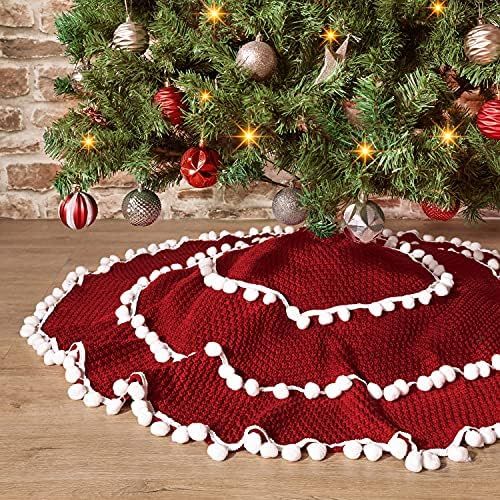 YIRDDEO 48 Inches Knitted Knit Christmas Red Tree Skirt, 3 Layers White Pom Pom Luxury Thick Xmas... | Amazon (US)