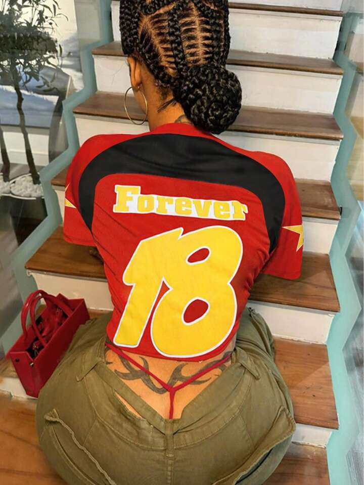 SHEIN EZwear Women Letter Print Round Neck Raglan Sleeve Short Sleeve Cropped Casual T-Shirt | SHEIN