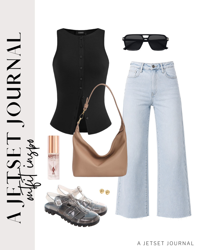 This black ribbed tank top from CIDER goes well with the wide-leg Allimy jeans. Styling this fit is easy with these crystal jelly sandals and a NEBIL small bag. Complete this chic look with retro aviator sunnies and Charlotte Tilbury setting spray.

#LTKSeasonal #LTKSaleAlert #LTKTravel
 

 