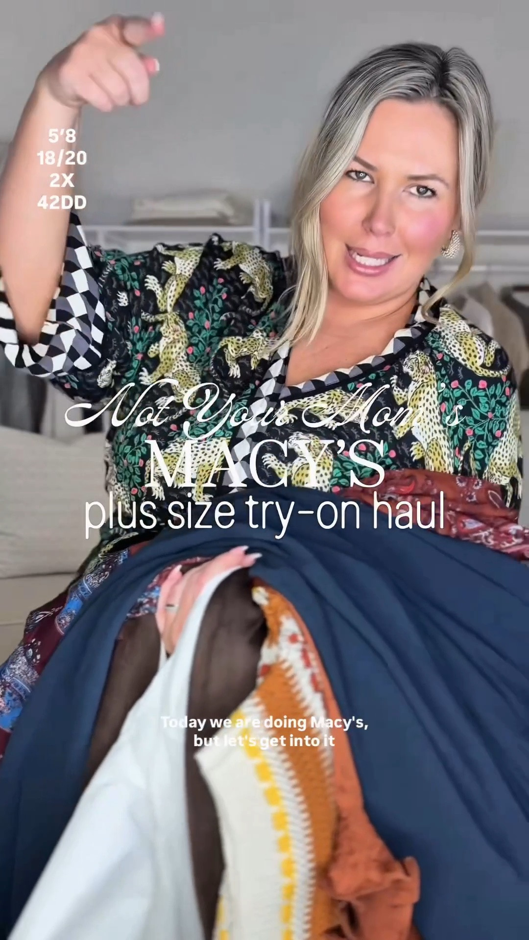 NYM Macys try on! Wearing a size 2X or 18/20. The navy pants are an 18 but need a 20. The barrel jeans are an 18 but need a 20. Also take a size up in the denim jacket. The pink blouse is a size Large wich is their 20. The tan pants are a Large. Navy trouser pants are a size 20. The brown skirt is a 2X but runs generous. Plus size, outfit inspo, fall fashion, apron belly, mom life