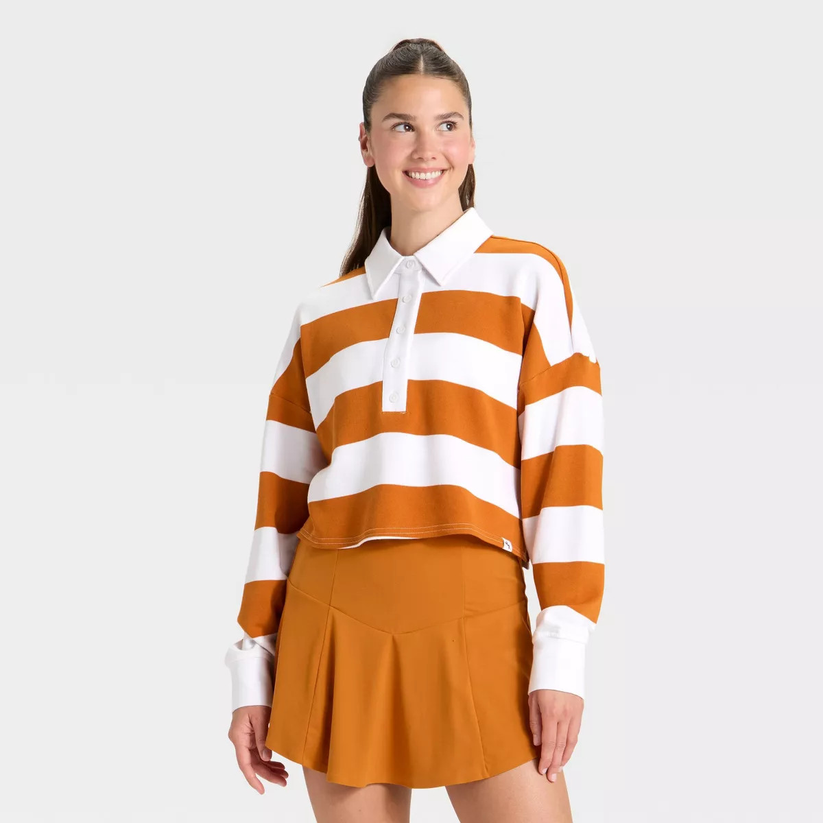 Women's Game Day Striped Cropped Long Sleeve Polo T-Shirt - JoyLab™ | Target