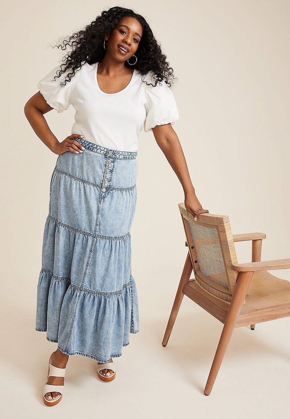 Plus Size Button Fly Tiered Denim Maxi Skirt | Maurices