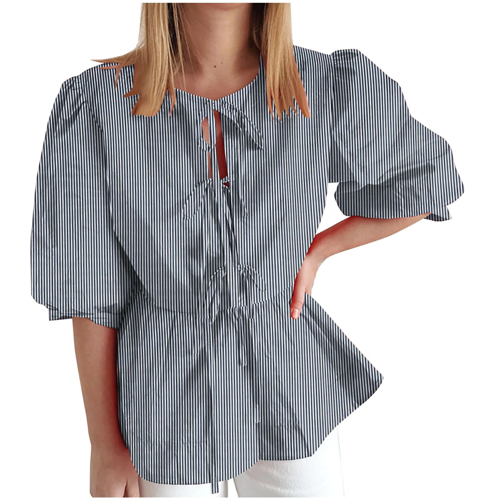 Lovskoo Tie Front Tops for Women Peplum Tops Striped Babydoll Bow Top Puff Sleeve Tops Short Slee... | Walmart (US)