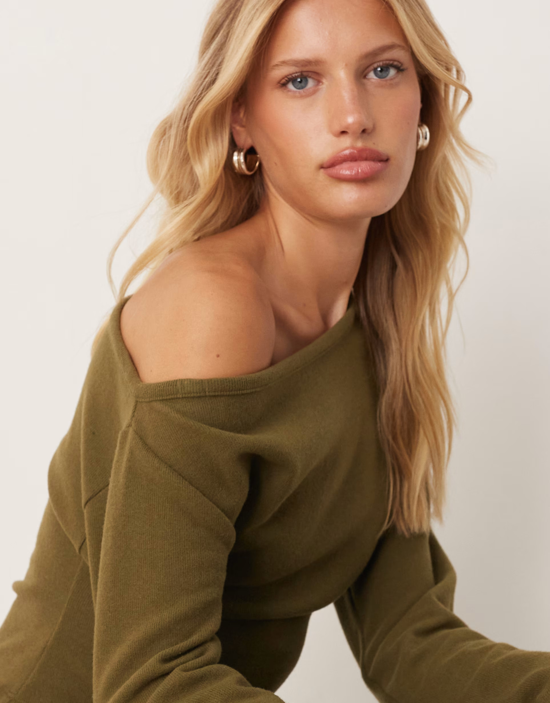 ASOS DESIGN soft touch off the shoulder corset waist long sleeve top in khaki green | ASOS (Global)