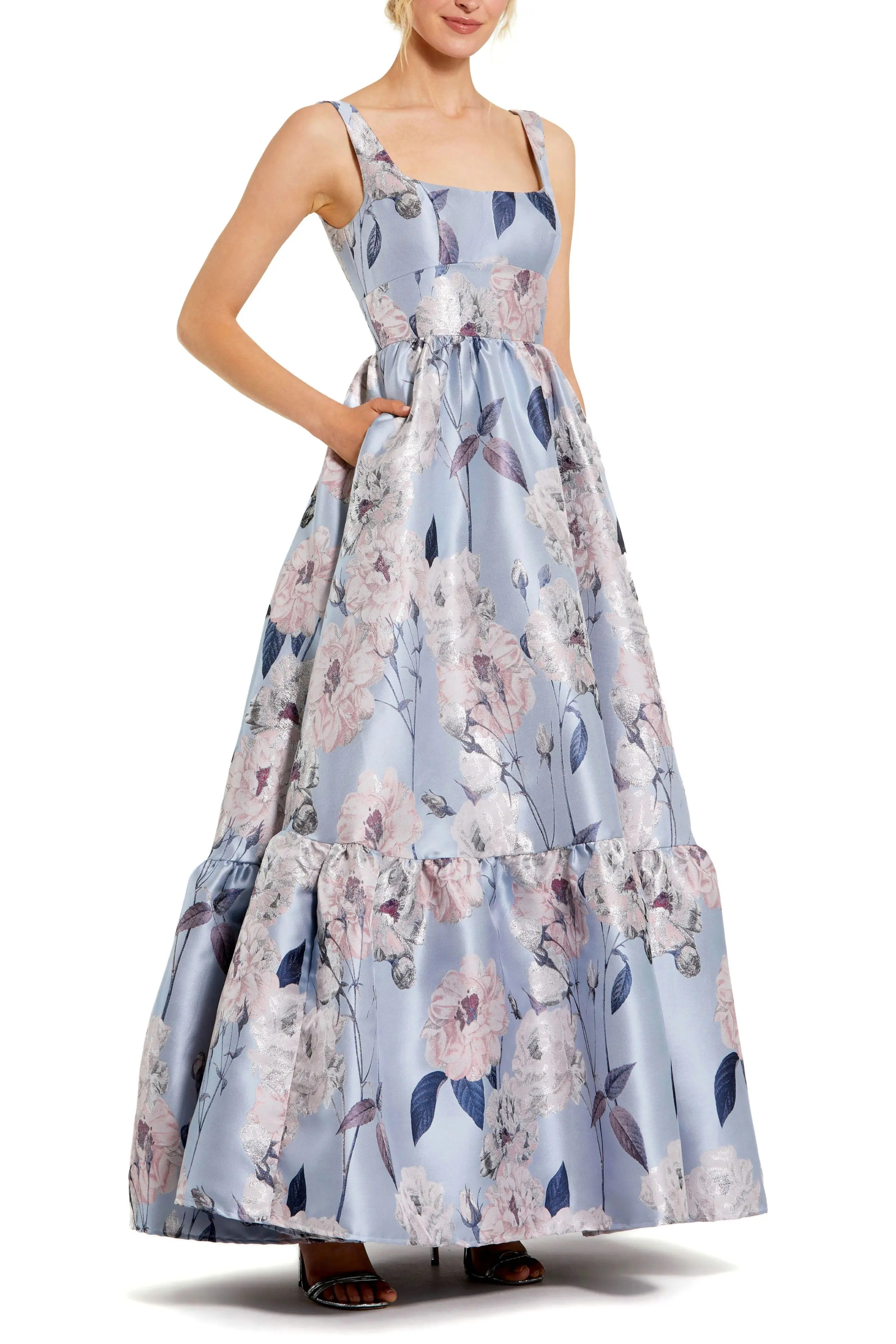 Mac Duggal Brocade Scoop Neck Sleeveless Floral Gown in Blue Multi at Nordstrom, Size 14 | Nordstrom