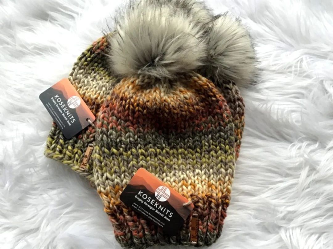 Kose Women's Beanie // Women's Knit Beanie // Wool Hat // Faux Fur Pom Beanie // Norwegian Knit -... | Etsy (US)
