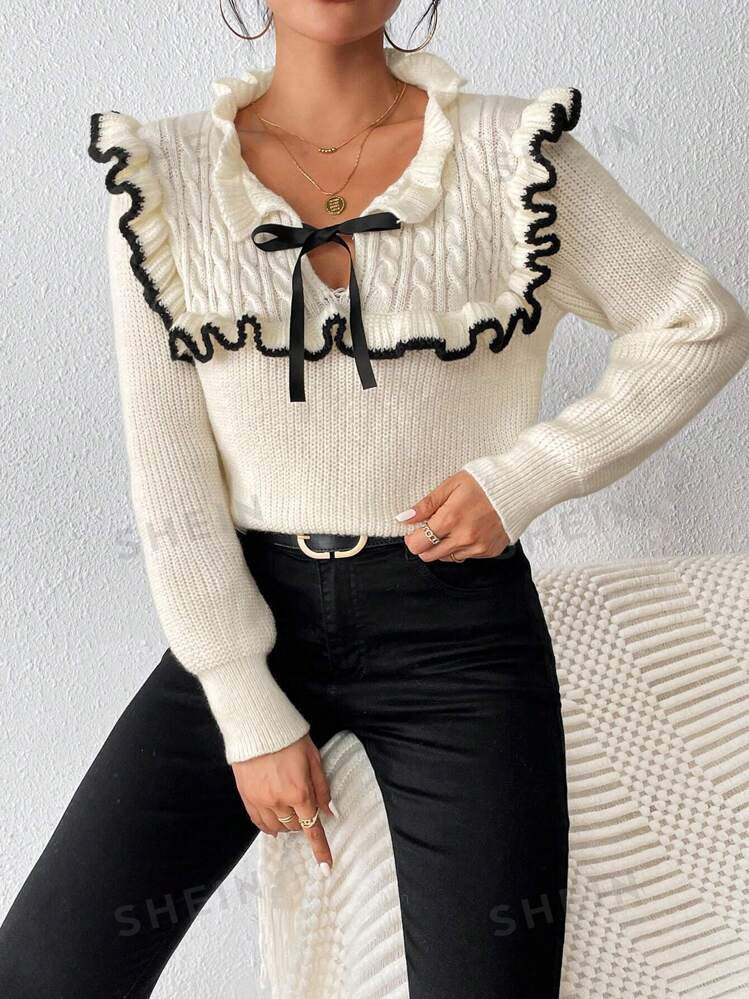 SHEIN Raffinéa Contrast Frill Trim Tie Front Sweater | SHEIN