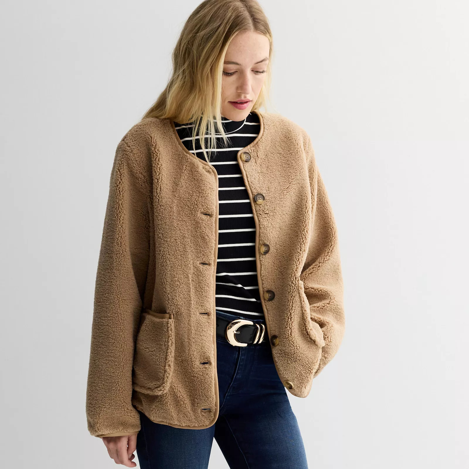 Women's Nine West Collarless Teddy Jacket, Size: XS, Soft Brown Teddy | Kohl's