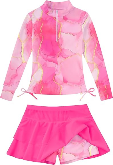 Vogseek 3-12T Girls Rash Guard 2 Pieces Bathing Suit Long Sleeve Swimsuit Swimming Skirt with Sho... | Amazon (US)