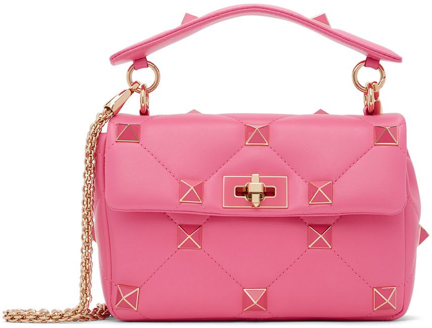 Pink Medium Roman Stud Shoulder Bag | SSENSE