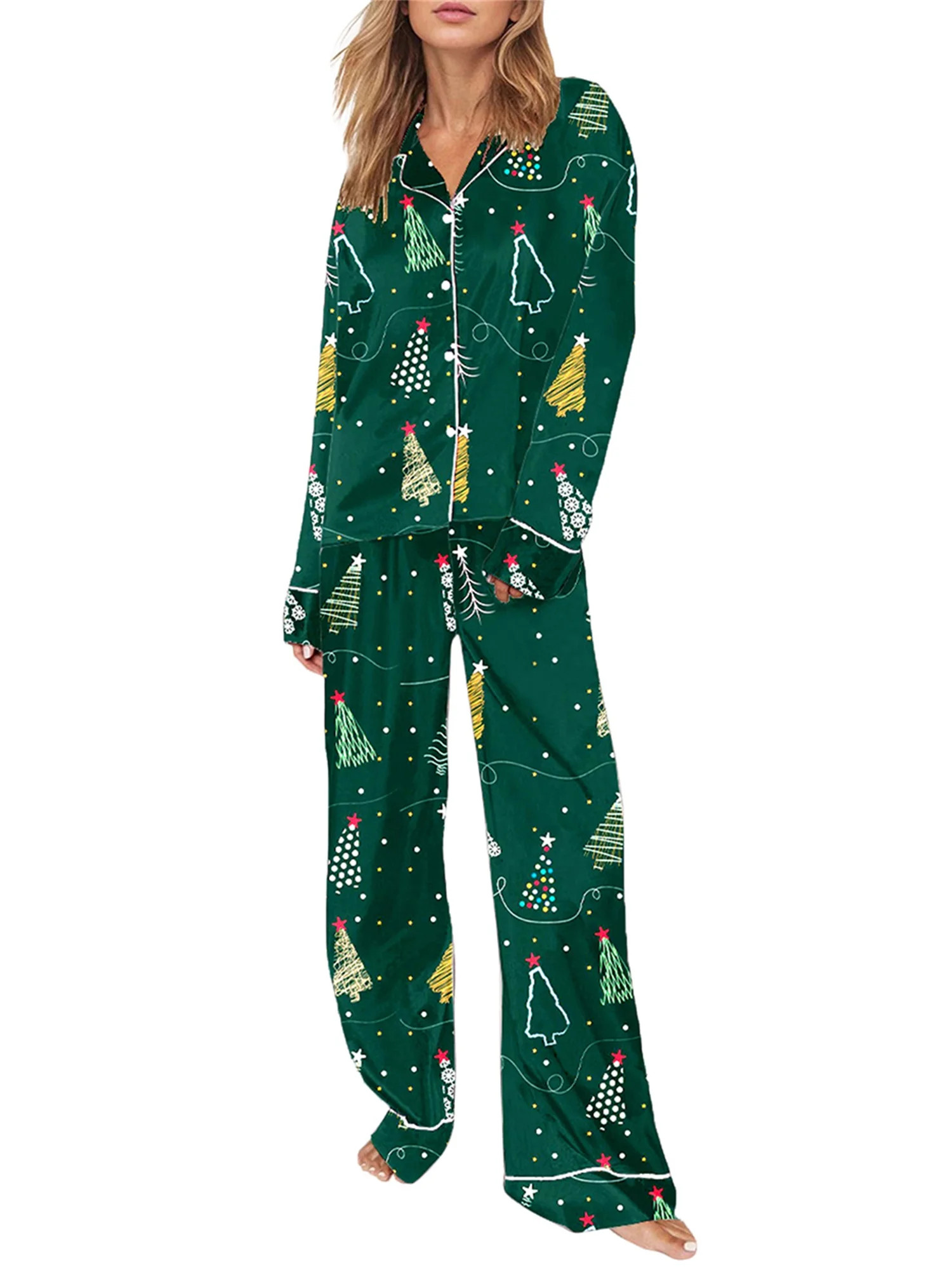 Rdhnmea Women Christmas Pajamas Set 2 Pieces Loungewear Suits Bow/Santa/Tree Print Long Sleeve Sh... | Walmart (US)