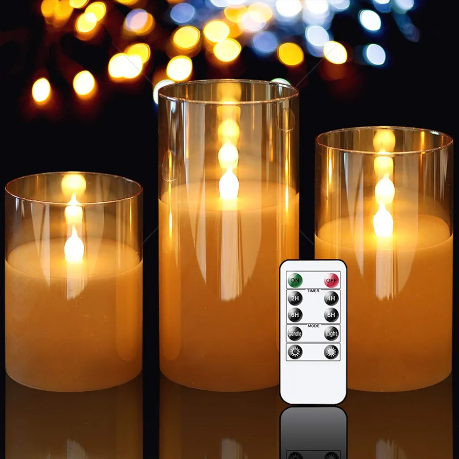 GenSwin Gold Glass Battery Operated Flameless Led Candles with 10-Key Remote and Timer, Real Wax ... | Amazon (US)