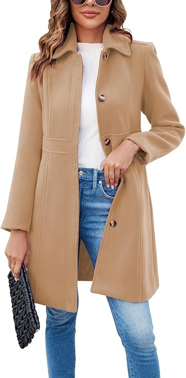 Fisoew Womens Elegant Single Breasted Coat Long Sleeve Mid Winter Overcoat Work Office Pea Coats | Amazon (US)