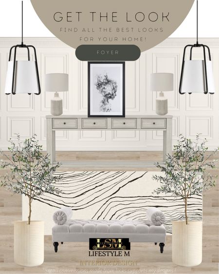 Foyer Ideas. Recreate the look with these furniture and decor finds! Wood console table storage, foyer runner rug, white ceramic tree planter pot, faux fake tree, table lamps, wall art, foyer pendant light, foyer bench. 

#LTKFind #LTKhome #LTKstyletip