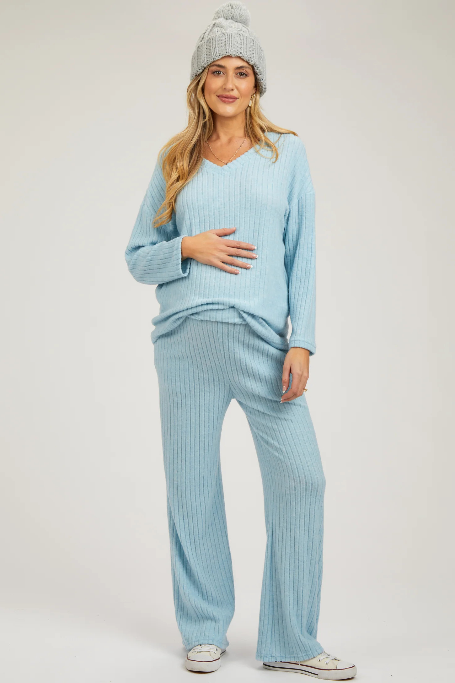 Light Blue Ribbed Soft Knit Long Sleeve Maternity Pajama Set | PinkBlush Maternity