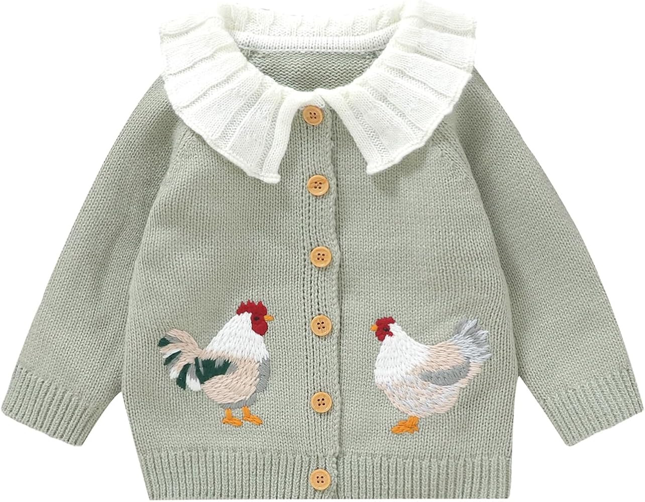 Toddler Baby Girl Knit Cardigan Doll Collar Long Sleeve Rooster Embroidery Button Down Sweater In... | Amazon (US)