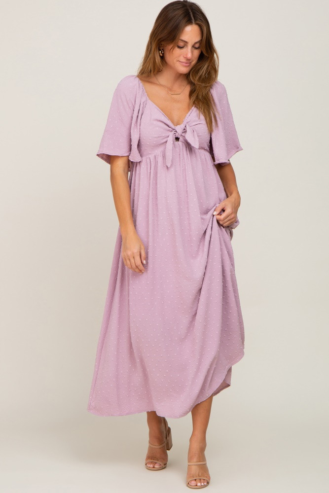 Pink Textured Dot Front Tie Ruffle Sleeve Midi Dress | PinkBlush Maternity