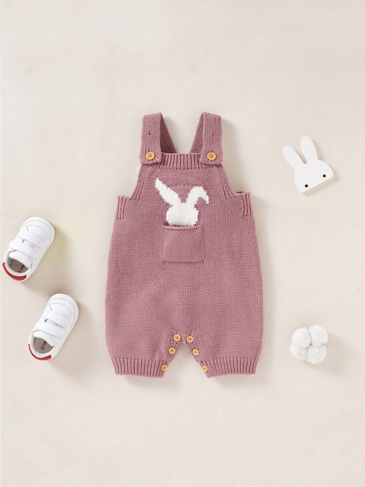 Baby Rabbit Pattern Pocket Front Overall Knit Romper | SHEIN