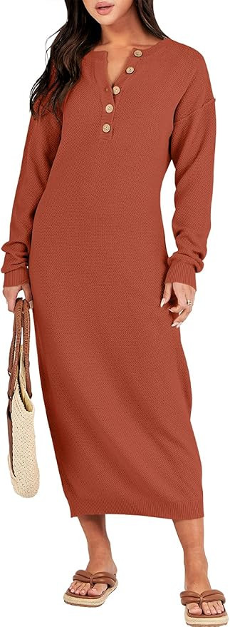 ANRABESS Women Long Sleeve Button V Neck Oversized Casual Loose Fit Waffle Knit Fall Midi Sweater... | Amazon (US)