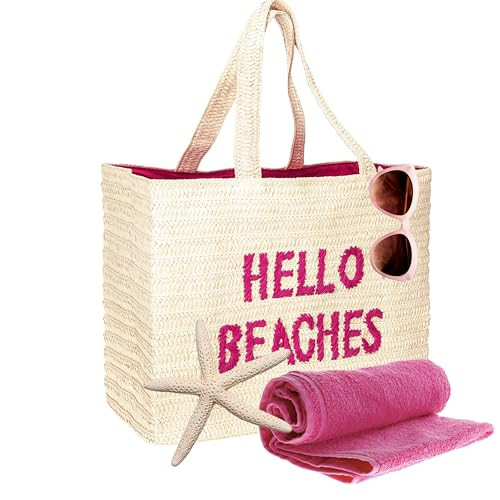 Hello Beaches: A packable straw beach tote bag that packs flat. Beach bags for women are essentials. Use as a large travel tote bag or a pool bag. Beach tote for vacation. | Amazon (US)