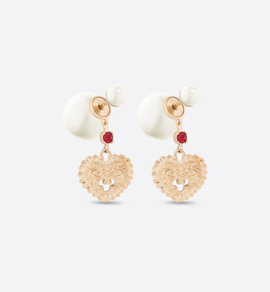 Dior Tribales Earrings Gold-Finish Metal with White Resin Pearls and Red Crystals | DIOR | Dior Couture