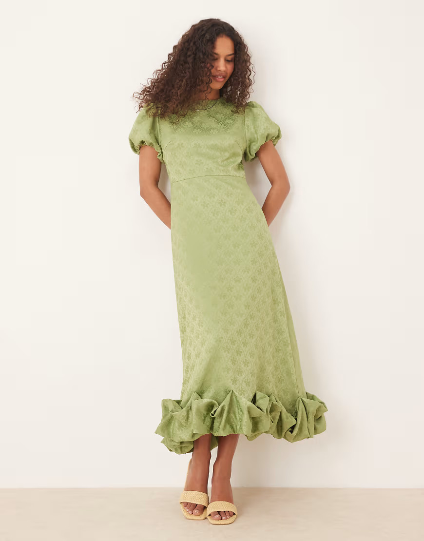 Sister Jane puff sleeve bubble hem maxi dress in soft olive-Green | ASOS (Global)