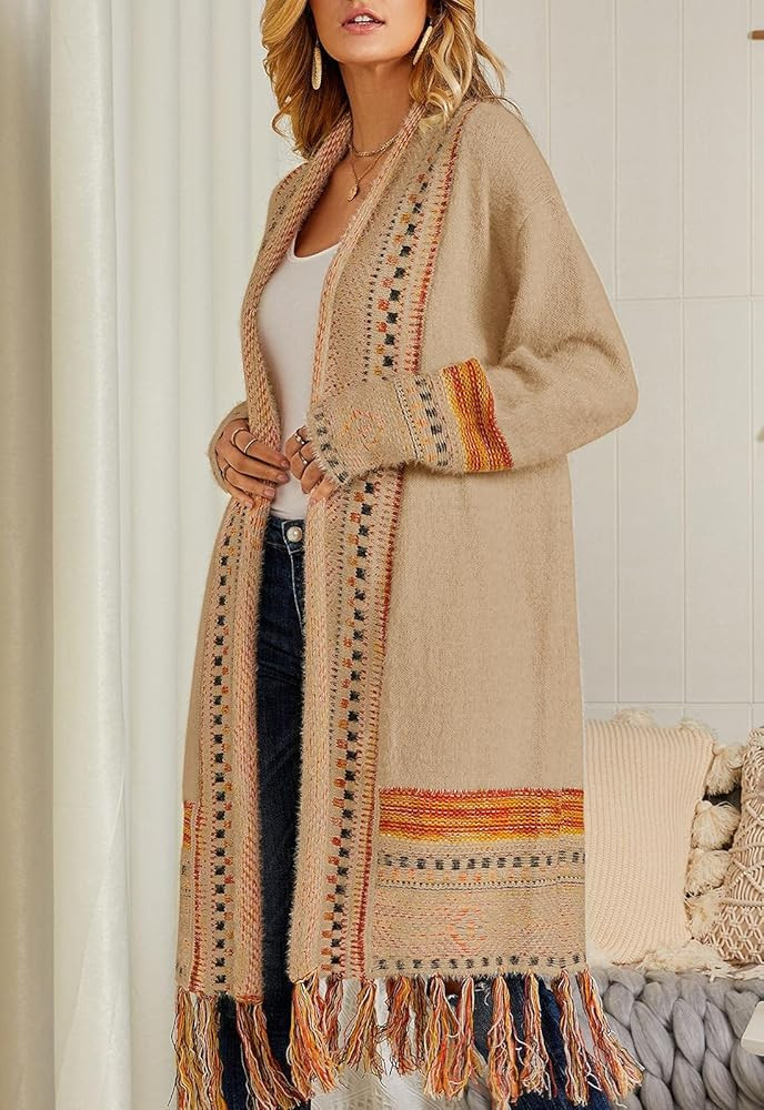 FERBIA Women Boho Cardigan Sweater Long Open Front Maxi Knit Sweaters Aztec Tribal Tassel Fringe ... | Amazon (US)