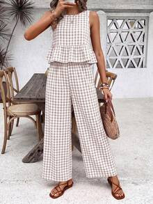 SHEIN Holidaya Women's Plaid Ruched Crew Neck Top And Pants 2 Pieces Casual Outfit | SHEIN