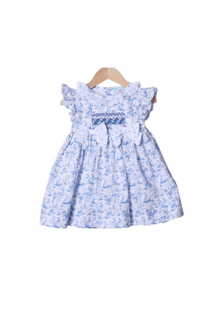 Smocked Blue Bunny Toile Dress | The Smocked Flamingo