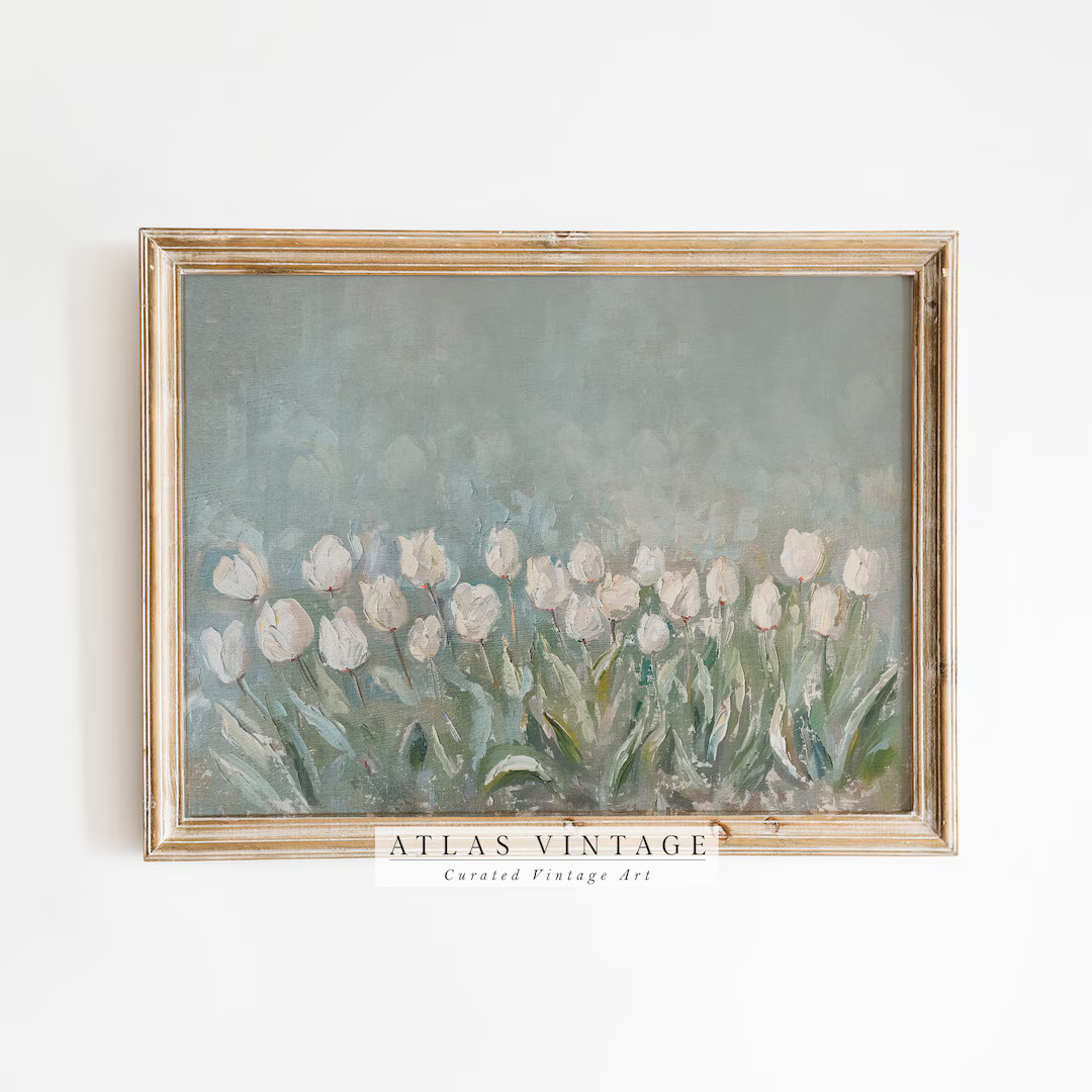 Vintage Tulip Flower Summer Print, White Floral Spring Painting, Botanical Garden Farmhouse Decor... | Etsy (US)
